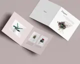 Díptico mockup con plantas en macetas blancas y una concha marina. Diseño elegante y minimalista.