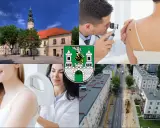 Kolaż: ratusz, lekarz badający znamię, herb miasta, pacjentka i widok ulicy.