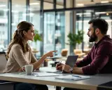 Une femme explique un point à un homme, son **custom success manager**, devant un ordinateur portable dans un bureau moderne.