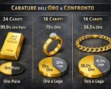 Confronto carature oro: 24 carati (oro puro), 18 carati (75% oro), 14 carati (58,5% oro).