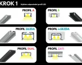 Porównanie profili LED: A, B, SILEDA, inSILEDA, DUAL, ZATI. Różne szerokości taśmy LED i sposoby montażu.