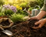 Manos sostienen tierra fértil, lista para sembrar en la tierra de huertos. Herramientas de jardinería y flores en el fondo.