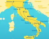Mapa turystyczna Włoch z zaznaczoną trasą przez Mediolan, Florencję, Rzym, Neapol, Materę, Alberobello i Kalabrię.