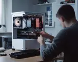 Un jeune homme assemble un PC, connectant la carte graphique et le processeur.