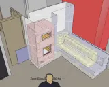 Vue 3D d'un poêle de masse plan avec ses dimensions. Le poêle est en briques roses, avec des ouvertures pour le feu. Des conduits de chaleur en forme de U sont visibles à côté.
