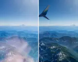 Vista aerea di montagne innevate e azzurre, con l'ala di un aereo. Un esempio di come fotografare una foto stampata, mostrando la differenza tra l'originale e una versione migliorata.