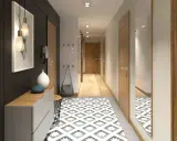 Un corridoio stretto con idee di design moderne: tappeto geometrico, mobili minimalisti, luci a sospensione e specchio a tutta altezza.
