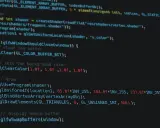 Kod w C++ do renderowania grafiki, używający OpenGL. Widać tu fragment pętli głównej, czyszczenie bufora i ustawianie koloru tła.