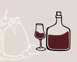 Stilisierte Darstellung eines Kuchens mit Beeren, daneben ein Glas und eine Flasche mit dunklem Wein. Der Unterschied Portwein Sherry wird hier visuell angedeutet.