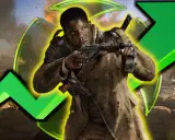 Żołnierz z Call of Duty Vanguard celuje z broni na tle bitwy. Zielona strzałka w górę symbolizuje wzrost popularności gry.