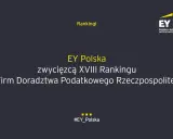 Grafika z logo EY i tekstem "EY Polska zwycięzcą XVIII Rankingu Firm Doradztwa Podatkowego Rzeczpospolitej".
