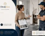 Une femme présente un constat de malfaçon à un artisan, suggérant un litige avec un artisan. La scène se déroule sur un chantier.