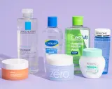 Plusieurs produits de soin, dont une eau micellaire CeraVe, sont disposés sur un fond violet.