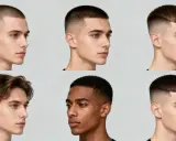 Sechs Männer mit verschiedenen Haarschnitten, darunter ein klassischer french crop stylen.