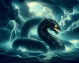 Potężny wąż morski, jeden z gigantów mitologii nordyckiej, wynurza się z wzburzonych fal podczas burzy z piorunami.