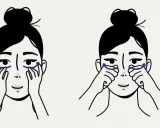 Illustration montrant les étapes d'un automassage du visage, ciblant le contour des yeux pour un regard plus détendu.