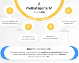 Infografika o podkategorii A1 dronów do 250g. Opisuje zasady i kroki do wykonania, w tym darmowe szkolenie online, co jest kluczowe w kurs latania dronem.