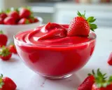 Un bol de ganache fraise onctueuse, garni d'une fraise fraîche. Des fraises parsèment la table.