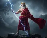 Zeus, mit Blitz in der Hand, trägt eine rote Toga. Seine Aufgaben sind gewaltig, wie der Sturm zeigt.