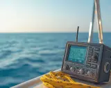 Radio VHF sur un voilier, prêt à communiquer. Le vhf signification est essentiel pour la sécurité en mer.