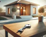 Llave sobre mesa de madera, con casas modernas al fondo. Una oportunidad de alquiler con opción a compra.