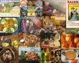 Collage de spécialités auvergnates : fromages, charcuterie, plats traditionnels comme les tripoux, et apéritif à la gentiane.