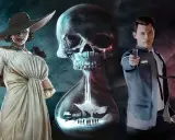 Kobieta w kapeluszu, klepsydra z czaszką i domkiem w środku, oraz android z pistoletem. Klimat gier podobnych do Until Dawn.