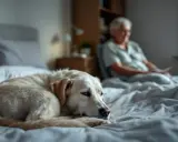 Mon chien, un labrador doré, dort sur le lit. Il me réveille la nuit pour faire ses besoins, mais il est si mignon que je ne peux pas lui en vouloir.