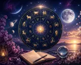 Zodiakalny horoskop miesięczny dla Bliźniąt, otoczony kosmicznym krajobrazem z księżycem i planetami.