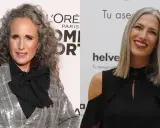 Dos mujeres con pelo canoso. La de la izquierda, con rizos, luce un traje de cuadros y un lazo negro. La de la derecha, con pelo liso, sonríe con labios rojos. Ambas muestran un hermoso ver pelo de 6 meses de transición de las canas.
