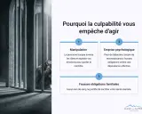 Un homme accablé dans une cellule, symbolisant une victime d'une femme manipulatrice. Le texte explique comment la culpabilité empêche d'agir.