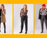 Elegancka kobieta prezentuje trzy stylizacje. Modne propozycje dla kobiet 60 plus: płaszcz, sweter w panterkę i marynarka z beretem.