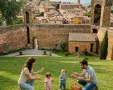 Famiglia gioca sull'erba con vista su Montalcino, borgo medievale con mura antiche e case in pietra.