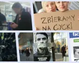 Przykłady reklam społecznych: dwie kobiety z transparentem, plakat z zaklejoną taśmą twarzą, ekran Facebooka, zdjęcie lasu z napisem "19 gigabajtów".