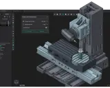 Interfaccia di progettazione CAD per fresatura a 5 assi, con modello 3D di una macchina utensile e dettagli di setup.