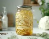Ein Glas mit spitzkohl fermentieren, gefüllt mit fein geschnittenem Kohl und Gewürzen, bereit für die Gärung.