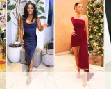 Four women showcase festive outfits, perfect for a Christmas party dress code. From elegant gowns to chic separates, they embody holiday glamour.