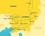 Mapa Słowenii z zaznaczonymi miastami: Bled, Lublana, Piran. Trasa prowadzi przez Austrię, Włochy i w kierunku Chorwacji.