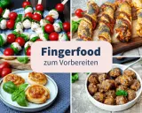 Vier Collagen zeigen Fingerfood: Caprese-Spieße, herzhafte Teigschnecken, Hackbällchen und Blätterteigstangen. Perfekt für kalte Gerichte zum Vorbereiten!