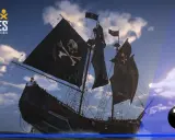 Żaglowiec z czarnymi żaglami i symbolem czaszki i skrzyżowanych kości, gotowy do walki w grze Skull and Bones.