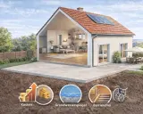 Ein Haus ohne Keller mit moderner Einrichtung, Solaranlage und Terrasse. Unten: Symbole für Kosten, Grundwasserspiegel und Barrierefreiheit.
