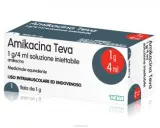 Scatola di Amikacina Teva 1g/4ml, soluzione iniettabile. Informazioni su amikacina effetti collaterali sono nel foglietto illustrativo.