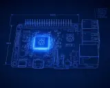 Schéma technique d'un Raspberry Pi 6, illuminé en bleu sur fond de grille. Les dimensions et les spécifications sont indiquées.