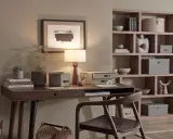 Elegancka organizacja biurka: lampa, rośliny, książki i pudełka do przechowywania tworzą harmonijną przestrzeń do pracy.