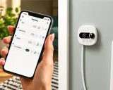 Contrôlez votre chauffage avec une installation domotique. Une main tient un smartphone affichant l'application Heatzy pour gérer les zones, tandis qu'un thermostat intelligent est fixé au mur.