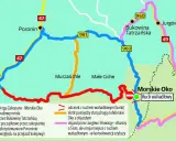 Mapa dróg z Zakopanego do Morskiego Oka. Droga Oswalda Balzera oznaczona kolorem czerwonym, z objazdami i odcinkami wahadłowymi.