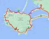 Mappa delle piste ciclabili dell'Argentario, con itinerario che tocca Porto Santo Stefano, Giannella, Orbetello, Feniglia e Porto Ercole.