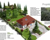 Jak zaprojektować ogród: wizualizacja domu z ogrodem, rabatami, drzewami i elementami małej architektury.