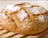Gros pain artisanal, saupoudré de farine, avec une croûte dorée et des incisions. Ce pain farine de chataigne semble tout juste sorti du four.