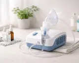Nebulizator z maską, gotowy do podania leku w formie mgiełki. Na blacie obok leki i buteleczki.